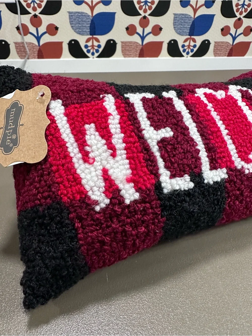 Welcome Holiday Throw Pillow - Red, Black & White Buffalo Check Mud Pie Small
